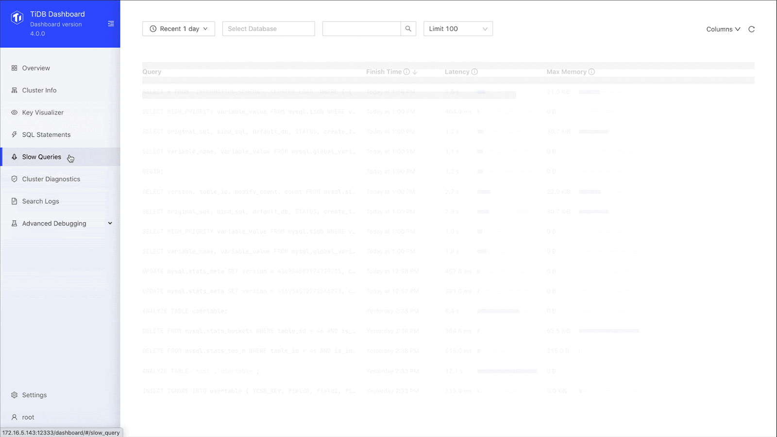 Slow query viewing