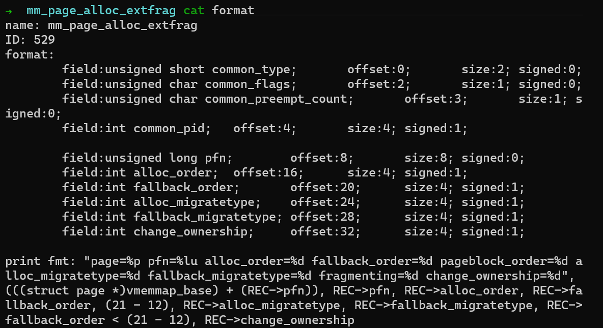 Linux ftrace events' fields