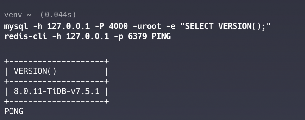 Quick health check: TiDB responds with version 8.0.11-TiDB-v7.5.1 and Dragonfly returns PONG, confirming both services are ready.