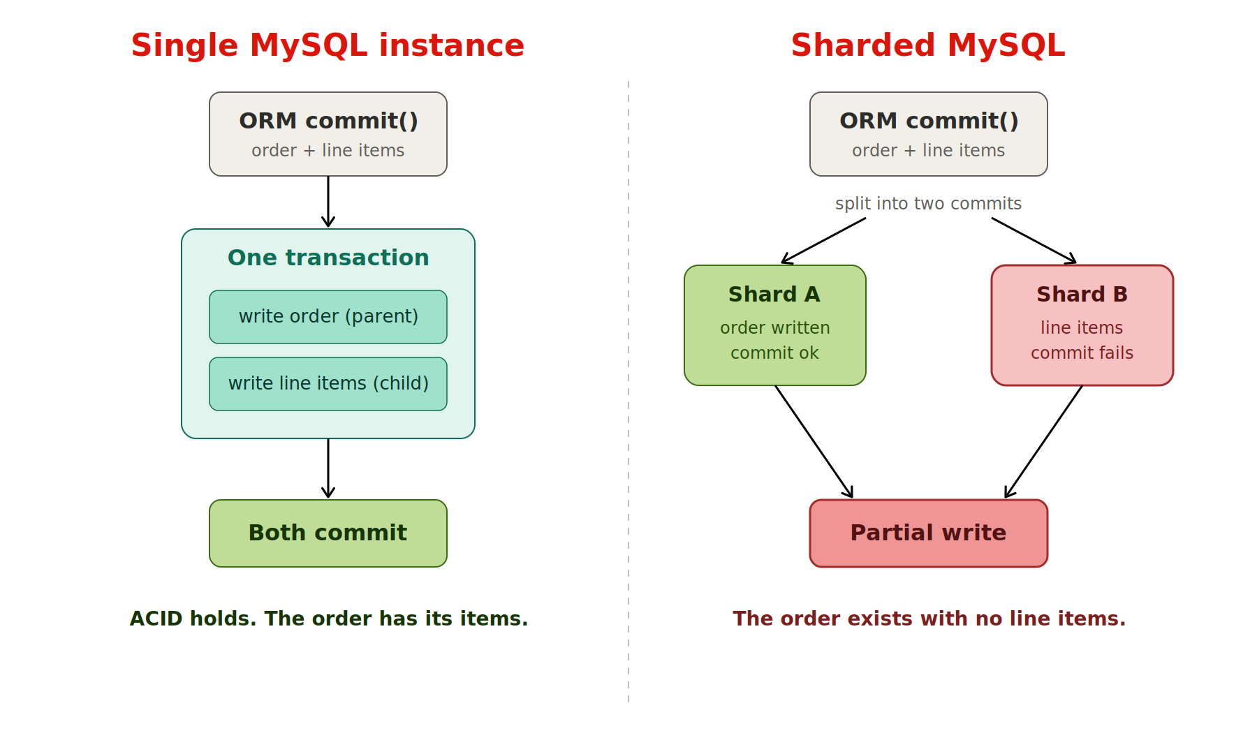 One ORM sharded MySQL commit stays atomic on a single instance; split across shards, a failed child write leaves an orphaned order.